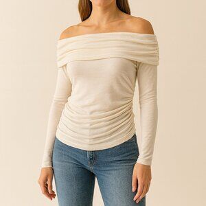 Abercrombie & Fitch Off The Shoulder Ruched Cream Long Sleeve Size Large
